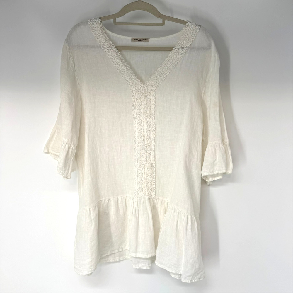 Francesca Bettini Linen Lace Tunic Top Womens L White V-Neck Bell Sleeves Boho
